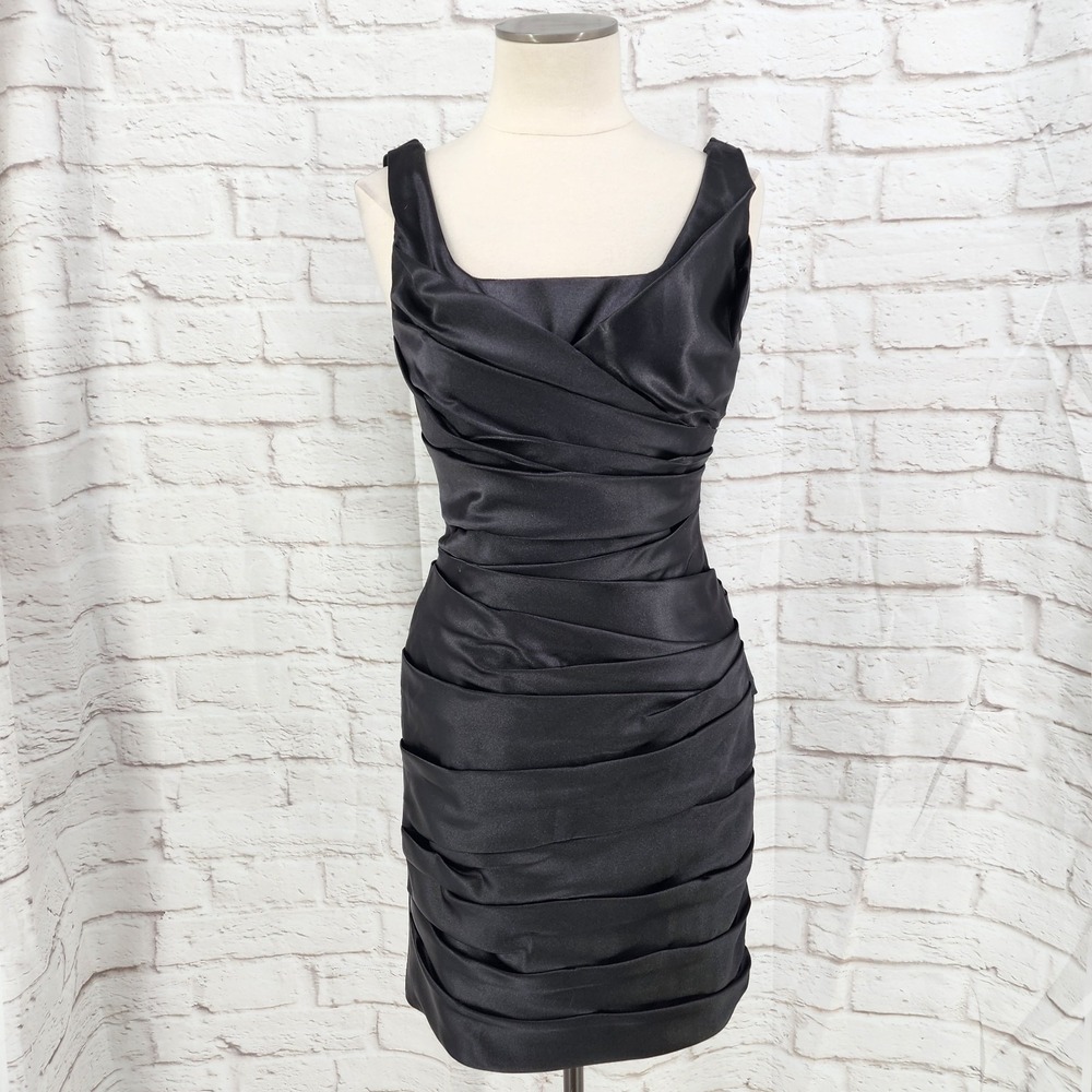 WHBM Black Cocktail Dress Glam Ruched Drape Back Dramatic Gala Vixen LBD Satin 6